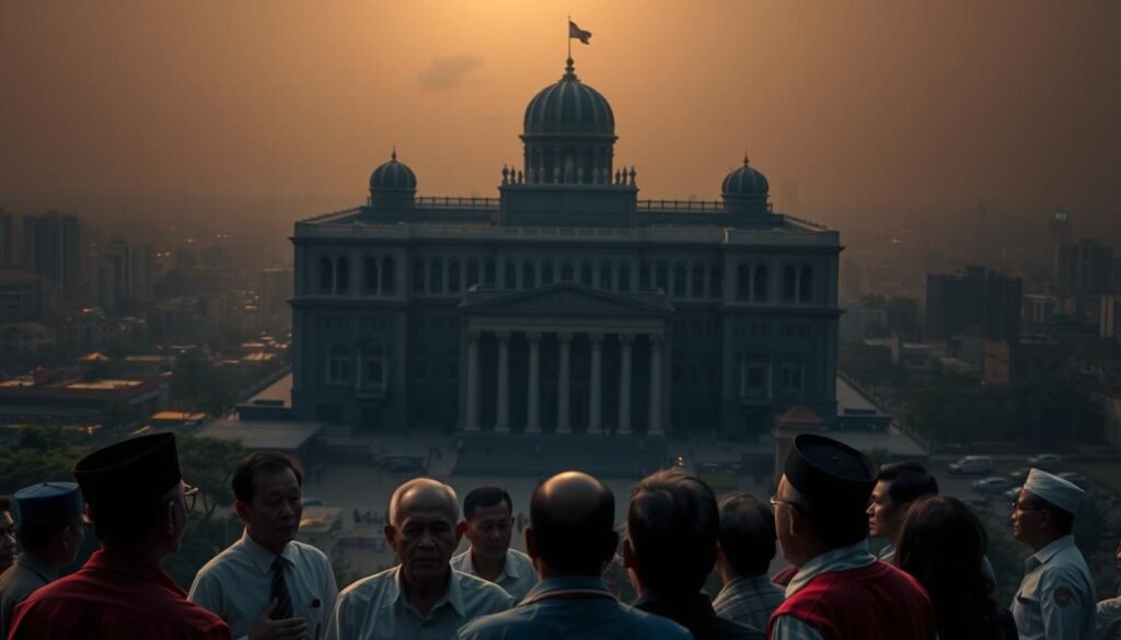 A dimly lit, high-angle shot of the Indonesian Constitutional Court (Mahkamah Konstitusi) building, casting an ominous shadow over a chaotic city landscape. In the foreground, a group of political figures and citizens gather, their expressions a mix of concern and uncertainty, debating the implications of the court's recent ruling on the upcoming elections. The background is hazy, suggesting the far-reaching, complex consequences of this decision. The scene is captured with a cinematic, documentary-style aesthetic, conveying the gravity and importance of the moment.