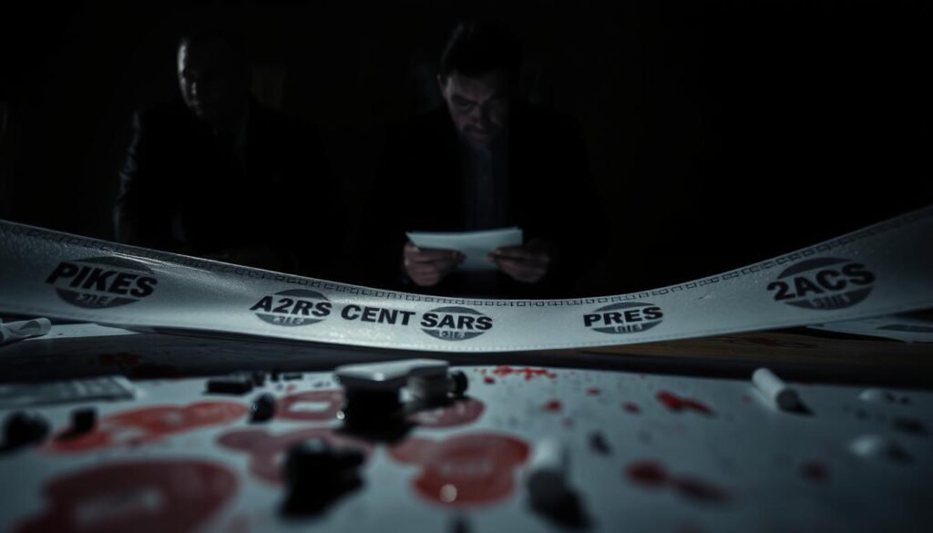 A dimly lit, high-contrast crime scene investigation. In the foreground, a detailed examination of physical evidence, including fingerprints, bloodstains, and other forensic clues. In the middle ground, detectives meticulously cataloging and documenting the scene, their expressions serious and focused. In the background, a shadowy figure, the suspected perpetrator, their face obscured, conveying a sense of tension and unease. Dramatic chiaroscuro lighting casts dramatic shadows, adding to the moody, suspenseful atmosphere. The overall scene evokes a sense of the analytical process of investigating a serious criminal act.