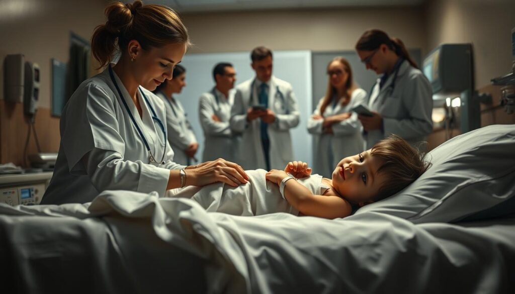 A dimly lit hospital room, the soft glow of medical equipment casting a calming atmosphere. In the foreground, a young child lies on a hospital bed, their small form dwarfed by the crisp white sheets. A caring nurse gently attends to their wounds, applying bandages and administering medication with a gentle touch. The child's face is a mix of relief and trepidation, their eyes conveying a story of resilience. In the background, a team of doctors and specialists huddle, conferring on the best course of treatment, their expressions resolute and compassionate. Muted tones of beige and grey create a sense of serenity, while the occasional flash of color from medical instruments adds a sense of professionalism and care.