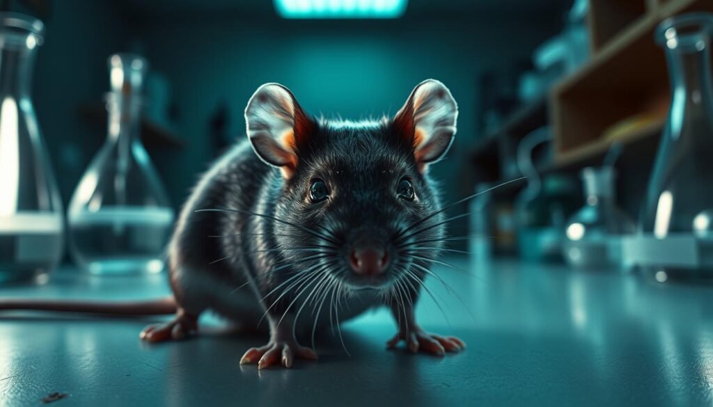 A dimly lit laboratory setting, with a close-up view of a rodent on a examination table. The rat's eyes are illuminated, revealing a sinister, menacing gaze. In the background, scientific instruments and glassware suggest an ongoing investigation into the transmission of leptospirosis. The scene is bathed in an eerie, bluish-green light, creating a sense of unease and the unseen dangers of this zoonotic disease. The composition emphasizes the rat's central role as the primary vector, conveying the urgency and importance of understanding this public health threat.