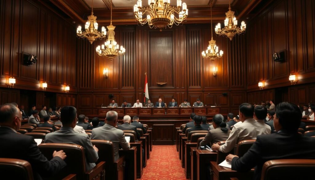 A dimly lit legislative chamber, with mahogany-paneled walls and ornate chandeliers casting a warm glow. Rows of attentive lawmakers sit in padded chairs, engaged in a serious discussion. In the center, a panel of distinguished individuals, representing the Indonesian parliament, carefully scrutinize the credentials and qualifications of potential ambassadorial candidates. The atmosphere is one of thoughtful deliberation, as the lawmakers strive to select the most capable and suitable representatives to uphold the nation's interests abroad. The scene conveys the gravity and significance of the selection process, underscoring the vital role of the legislature in shaping Indonesia's diplomatic corps.