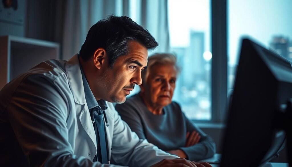 A dimly lit medical consultation room, the soft glow of a computer screen casting a warm light. In the foreground, a doctor in a crisp white coat leans forward, brow furrowed in concentration as they review a patient's virtual file. The middle ground reveals a concerned patient, perhaps an elderly individual or a young parent, their expression conveying the challenges of remote medical care - the uncertainties, the technical glitches, the desire for a more personal connection. The background subtly hints at the modern, fast-paced world of telehealth, with a blurred cityscape visible through the window, a symbol of the rapid digitalization of healthcare. The overall mood is one of contemplation, highlighting the complexities and nuances of the telemedicine experience.