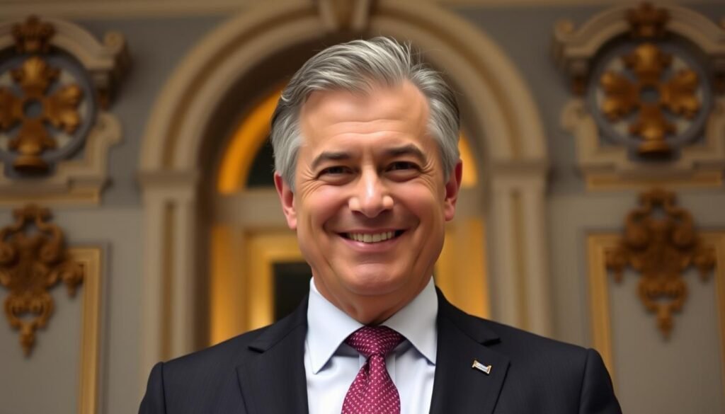 A distinguished-looking middle-aged man with a warm, friendly expression, dressed in a sharp suit and tie, standing in front of a backdrop of ornate architectural details and a muted color palette, conveying a sense of professionalism and authority. The lighting is soft and flattering, highlighting the subject's features and creating a sense of depth and dimension. The angle is slightly elevated, giving the impression of confidence and poise. The overall mood is one of dignity and competence, suitable for a high-ranking diplomatic official.