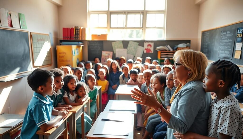 A diverse group of children, some in school uniforms and others in casual wear, gathered in a bright, airy classroom. The room is filled with educational materials, desks, and a chalkboard at the front. Sunlight streams in through large windows, casting a warm, hopeful glow. In the foreground, a teacher or counselor speaks animatedly, gesturing towards the children, who listen intently. The scene conveys a sense of support, guidance, and opportunity for these young individuals, representing the government's efforts to provide educational resources and programs for children who have previously dropped out of school.