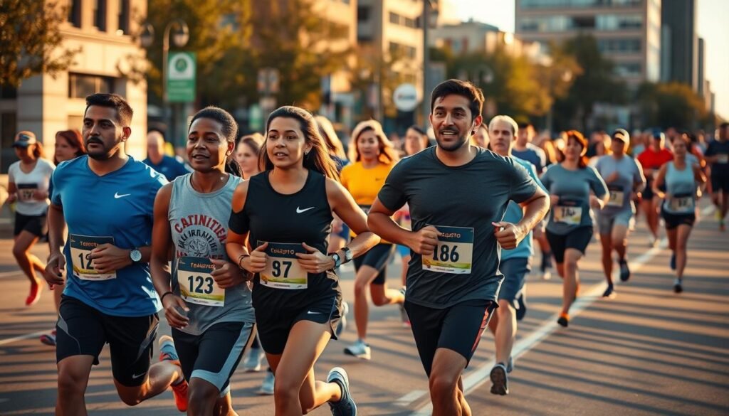 A diverse group of runners from various community organizations collaborating dynamically on a city street. In the foreground, three runners of different ages and ethnicities stride forward, their expressions determined. Behind them, other runners join in, creating a sense of unity and shared purpose. The scene is bathed in warm, golden late-afternoon light, casting long shadows and highlighting the diverse array of running attire. In the background, the urban landscape recedes, suggesting a vibrant, inclusive event unfolding. Shallow depth of field draws the eye to the central figures, while the peripheral details suggest a larger, collaborative effort.