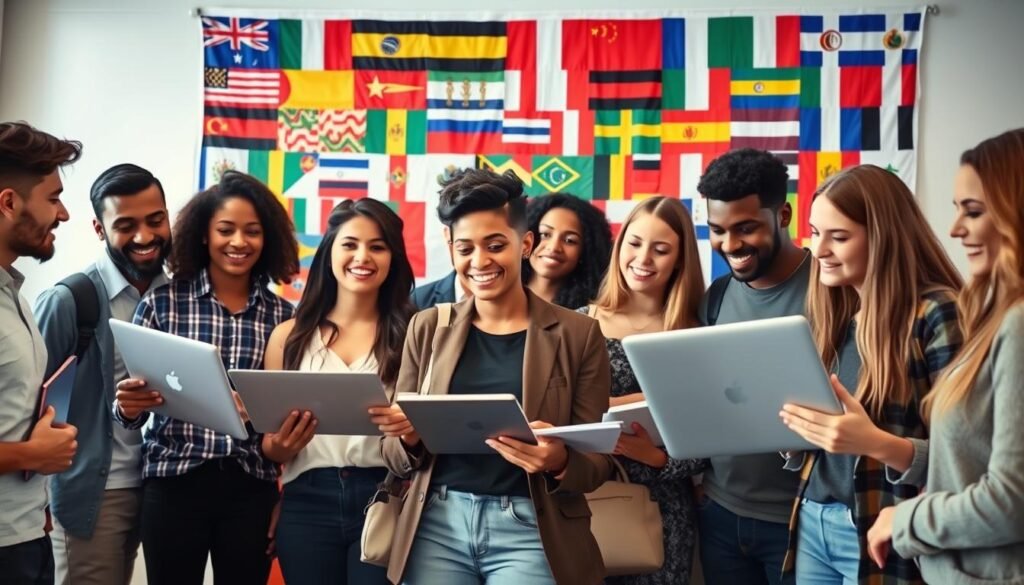 A diverse group of students from various backgrounds stand together, faces alight with excitement, as they pore over brochures and laptops, discussing international scholarship opportunities. In the foreground, a stylishly dressed student gestures animatedly, while behind them, a vibrant tapestry of flags from around the world hangs on the wall, casting a warm, inspiring glow. The scene is bathed in soft, natural lighting, captured through a wide-angle lens that emphasizes the sense of community and global interconnectedness. The mood is one of optimism, ambition, and the promise of transformative educational experiences abroad.