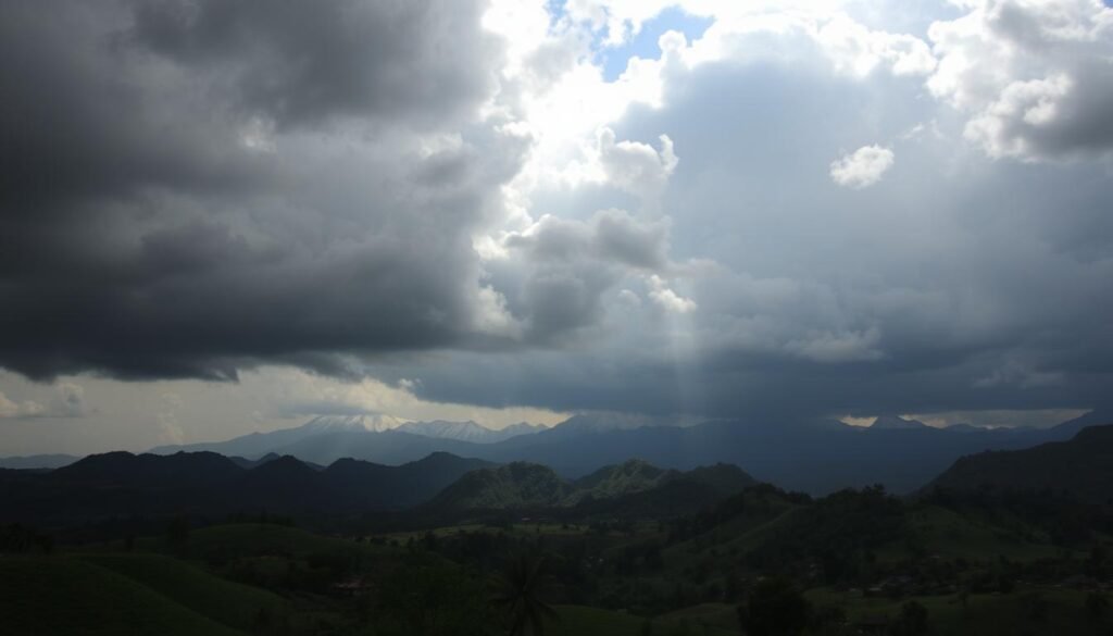 A dramatic, cinematic landscape of the West Sumatra region, captured under a stormy, turbulent sky. In the foreground, lush, verdant hills and valleys stretch out, dotted with traditional Indonesian houses and structures. Towering thunderclouds loom overhead, casting dramatic shadows and shafts of light across the scene. In the distance, the silhouettes of majestic, snow-capped mountains rise up, creating a sense of scale and grandeur. The lighting is moody and atmospheric, with bold contrasts between light and shadow. The camera angle is slightly elevated, offering a sweeping, panoramic view of the impending weather system moving in. An ominous, yet visually captivating depiction of the extreme weather conditions predicted for West Sumatra.