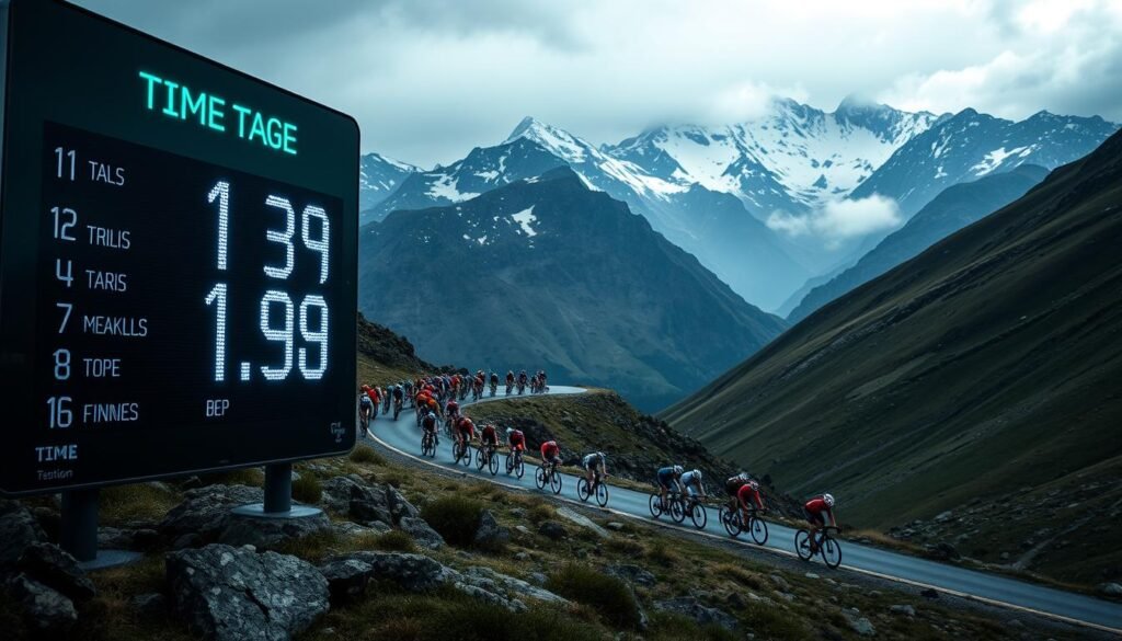 A dramatic landscape depicting the time difference in the Tour de France general classification standings. In the foreground, a large digital scoreboard displays the time gaps between the top riders, with bright neon numbers casting an intense glow across the scene. The middle ground features the peloton of cyclists racing through a rugged, mountainous terrain, their colorful jerseys blurring as they climb a steep, winding road. In the distant background, snow-capped peaks loom under a moody, overcast sky, creating a sense of scale and drama. The overall atmosphere is tense and electrifying, capturing the high-stakes competition of the Tour de France.