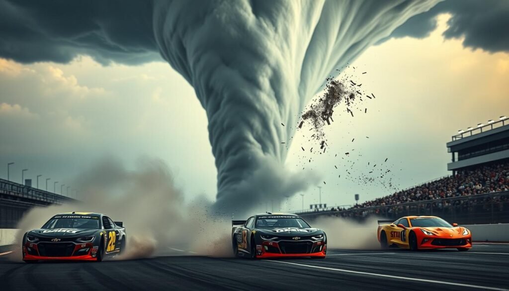 A dramatic scene of a tornado interrupting a high-speed American car race. In the foreground, race cars are veering off the track, kicking up clouds of dust as the drivers struggle to regain control. In the middle ground, a massive, swirling funnel cloud descends from a dark, ominous sky, its powerful winds shredding debris and sending it hurtling through the air. The background is a blur of blurred spectators and race infrastructure as the chaos unfolds. The lighting is dramatic, with sharp contrasts between the bright race cars and the foreboding, shadowy tornado. The scene conveys a sense of panic and urgency as the tornado brings the race to a sudden, dangerous halt.