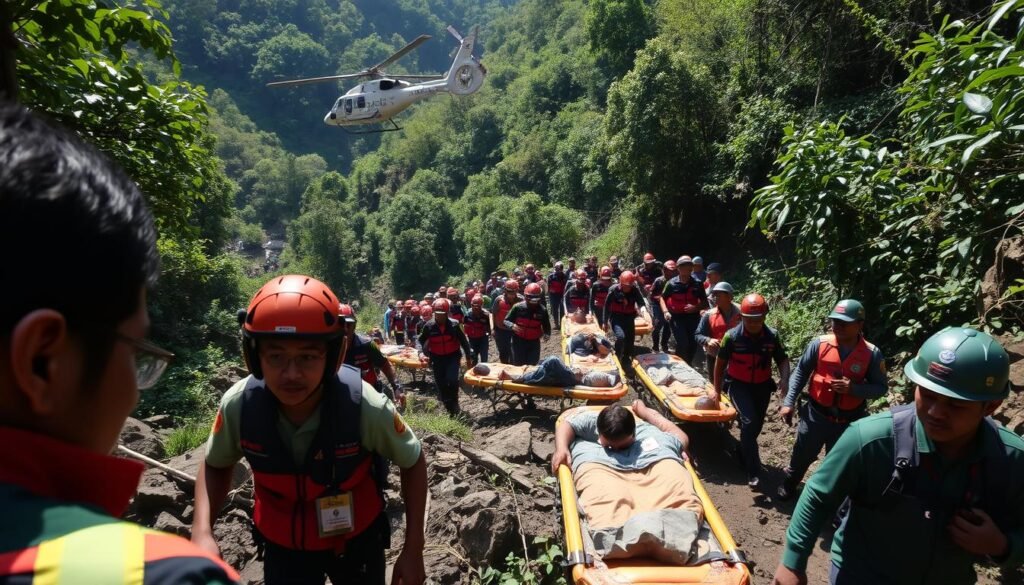 A dramatic scene of an ongoing landslide rescue operation unfolding in the lush, verdant hills of Puncak, Bogor. In the foreground, emergency responders carefully navigate the treacherous terrain, guiding stretchers carrying victims to safety. Overhead, a helicopter hovers, readying for an airborne extraction. The middle ground is filled with the frantic movement of support personnel, their faces etched with concern. In the background, the dense foliage of the surrounding landscape provides a somber backdrop, hinting at the scale of the disaster. Bright sunlight filters through the canopy, casting dramatic shadows and highlights that accentuate the urgency of the situation. The atmosphere is one of heightened tension and resolve as the community comes together to aid those affected by the devastating landslide.