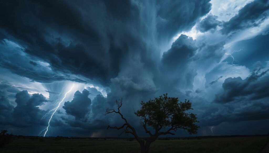 A dramatic, swirling sky of July 2025, with ominous cumulonimbus clouds billowing overhead. Flashes of lightning crackle through the air, illuminating the dark landscape below. A heavy, oppressive atmosphere hangs in the air, hinting at the extreme weather conditions to come. In the foreground, a solitary tree sways in the strong gusts of wind, its branches twisting and bending. The scene is captured with a wide-angle lens, emphasizing the vast, turbulent nature of the impending storm. The lighting is dramatic, with deep shadows and highlights that accentuate the foreboding mood. This image conveys the sense of caution and vigilance that the article's subject demands.