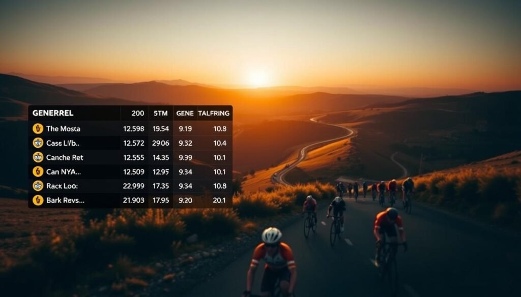A dramatic, wide-angle view of the general classification leaderboard at the Tour de France, with the rankings and time gaps between the top contenders prominently displayed. The scoreboard is rendered in a sleek, modern design against a backdrop of rolling French countryside, with the iconic Tour de France route snaking through the hills in the distance. The scene is bathed in warm, golden evening light, conveying a sense of tension and anticipation as the race reaches a pivotal moment. The overall composition highlights the dynamic shifts in the general classification, emphasizing the intense competition and the potential for further shakeups in the standings.