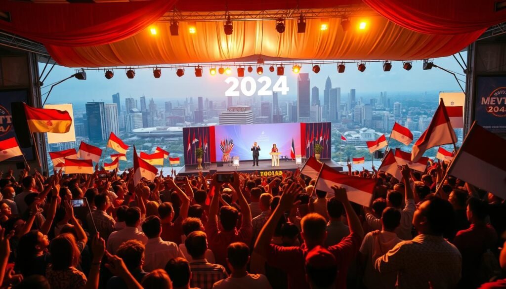 A dynamic and vibrant scene of the 2024 Indonesian regional elections (Pilkada 2024). In the foreground, a bustling crowd of enthusiastic supporters waving party flags and banners, their faces alight with political fervor. In the middle ground, a stage adorned with the logos and colors of competing political parties, where charismatic candidates deliver rousing speeches to the captivated audience. The background is a panoramic view of a modern city skyline, with towering skyscrapers and the iconic landmarks of Indonesia's urban landscapes. The lighting is warm and inviting, casting a golden glow over the scene, capturing the energy and anticipation of this pivotal moment in the nation's political landscape.