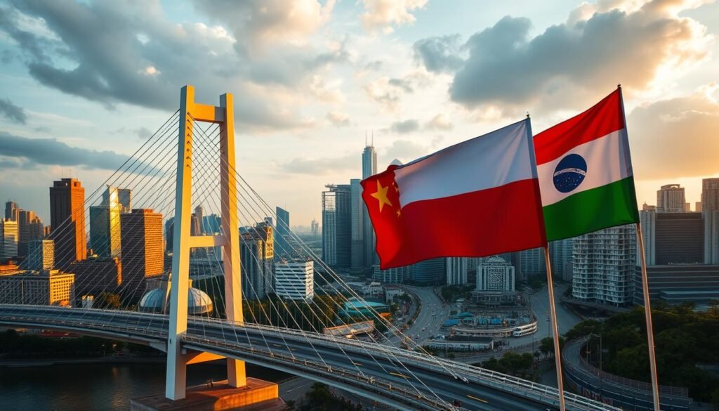 A dynamic cityscape with the iconic BRICS nations' flags prominently displayed, symbolizing their economic and geopolitical alliance. In the foreground, a modern suspension bridge arches gracefully, representing Indonesia's role as a bridge-building powerhouse. The middle ground features bustling urban activity, reflecting the vibrant trade and commerce fostered by BRICS membership. In the background, skyscrapers and infrastructure projects signify the economic development and investment opportunities stemming from this influential global partnership. The scene is bathed in warm, golden-hour lighting, conveying a sense of prosperity and optimism. Dramatic camera angles and a cinematic composition heighten the impact of this impactful visual narrative.