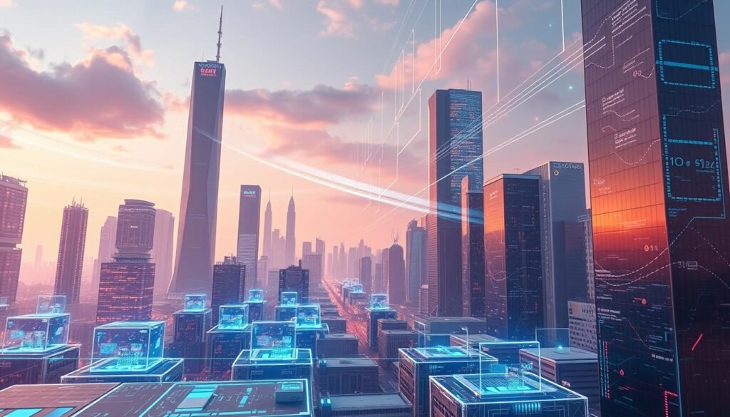 A dynamic digital landscape with a vibrant, futuristic atmosphere. In the foreground, holographic interfaces and glowing virtual displays populate a sleek, minimalist cityscape. Towering skyscrapers and gleaming structures stretch towards the sky, their facades adorned with intricate technological patterns. Streams of data and information flow through the air, creating a sense of constant connectivity and technological advancement. The lighting is sharp and dramatic, casting long shadows and highlighting the sharp edges of the digital elements. The overall mood is one of progress, innovation, and the seamless integration of technology into everyday life.