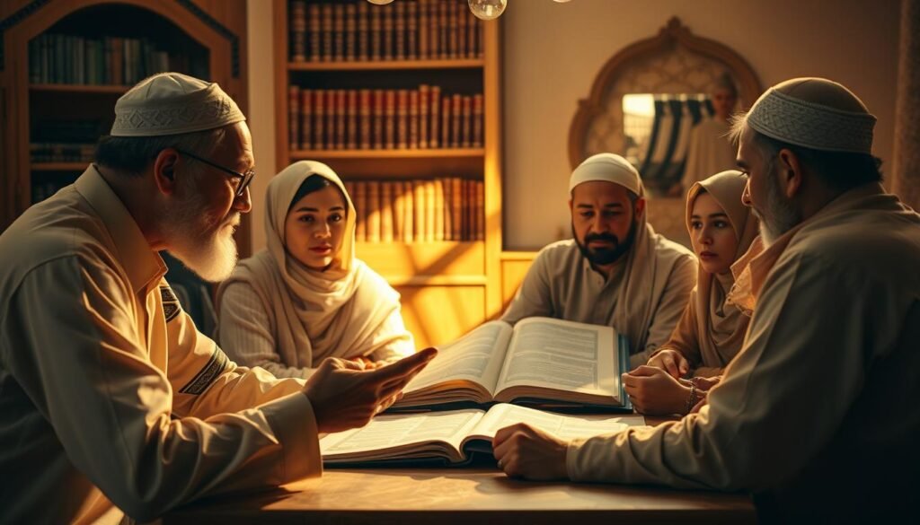 A family gathered around a table, discussing the division of a substantial inheritance. The scene is bathed in warm, golden light, conveying a sense of harmony and unity. In the foreground, a trusted elder gestures while explaining the principles of Islamic inheritance law, known as "Mawaris." The middle ground features younger family members, their expressions thoughtful as they consider the implications. In the background, a bookshelf laden with religious texts hints at the importance of faith-based decision-making. The overall atmosphere is one of reverence, cooperation, and a steadfast commitment to preserving the family's financial well-being for future generations.