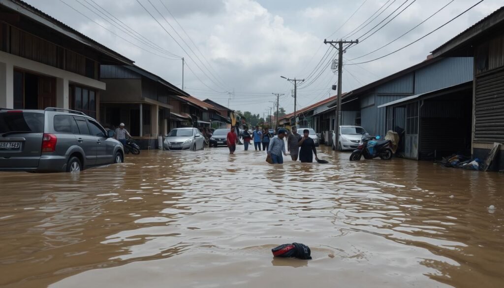 A flooded residential street in Kampung Melayu, with muddy waters submerging parked vehicles and reaching the doorsteps of modest homes. Residents wade through the knee-deep flood, carrying their belongings to safety. Dilapidated wooden houses line the narrow alleyways, their foundations partially submerged. The sky is overcast, casting a somber tone over the scene. Debris and garbage float on the surface of the stagnant water, highlighting the environmental impact of the flood. In the distance, power lines sag under the weight of the water, emphasizing the disruption to the community's infrastructure. The overall mood conveys the distress and hardship faced by the Kampung Melayu residents in the aftermath of the devastating flood.