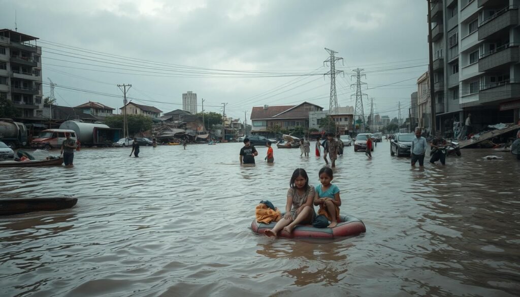 A flooded urban landscape in Jakarta, Indonesia, with people wading through knee-deep waters amidst submerged vehicles and debris. The foreground shows a distressed family on a makeshift raft, their belongings scattered around them. The middle ground features damaged infrastructure, collapsed buildings, and fallen power lines. In the background, a gloomy sky casts a somber tone over the scene, emphasizing the scale of the disaster. The image conveys the human toll and widespread disruption caused by the floods, with a cinematic, documentary-style aesthetic captured through a wide-angle lens.