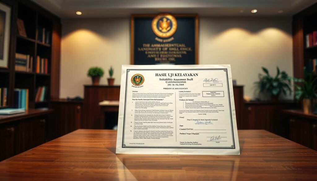 A formal and official-looking document titled "Hasil Uji Kelayakan" (Suitability Assessment Result) sits prominently on a wooden desk, illuminated by warm, indirect lighting. The document has a crisp, government-issued appearance, with official seals, signatures, and detailed, typewritten text. The desk is situated in a well-appointed office setting, with bookshelves, potted plants, and other subtle accents that convey a sense of authority and professionalism. The overall atmosphere is one of gravity and importance, reflecting the significance of the "Hasil Uji Kelayakan" document and its role in the placement of ambassadorial candidates.