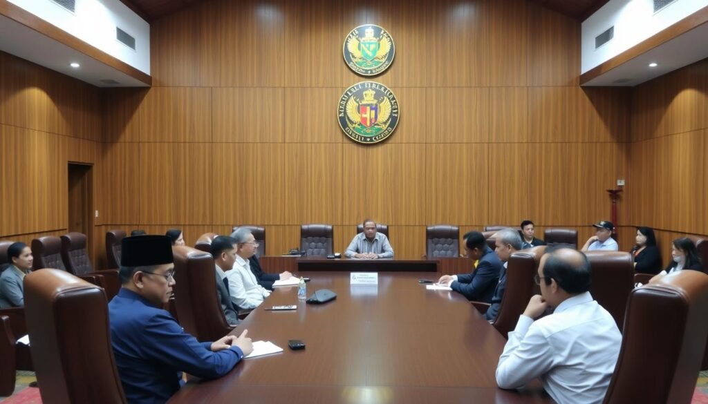 A formal and serious meeting in the Buleleng Regional Representative Council (DPRD) chamber. On the wooden paneled walls, the Buleleng regional emblem is prominently displayed. A long table occupies the center, surrounded by high-backed chairs where council members sit, their expressions somber and contemplative. Soft, diffused lighting illuminates the scene, creating an atmosphere of considered deliberation. The council members, dressed in professional attire, engage in earnest discussion, their body language conveying the gravity of the situation they are addressing. The overall mood is one of thoughtful inquiry and responsible governance.