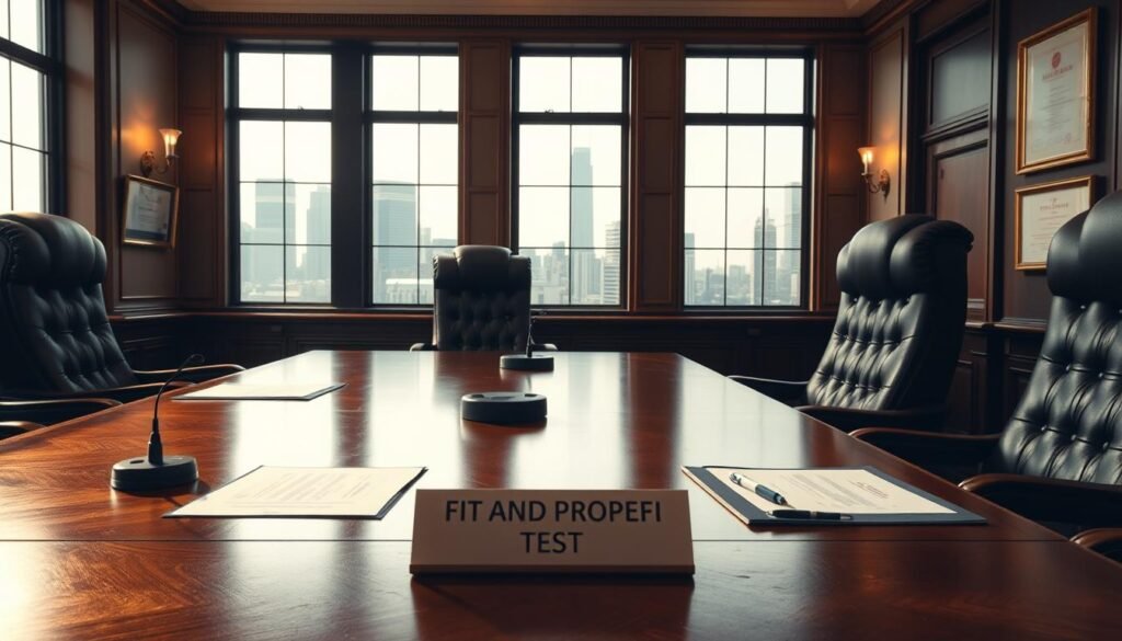 A formal meeting room with a large wooden table and high-backed leather chairs. The lighting is warm and subdued, casting a soft glow over the scene. On the table, there are documents, pens, and a nameplate that reads "Fit and Proper Test". The room exudes an atmosphere of seriousness and professionalism, with a sense of gravity befitting the importance of the proceedings. The walls are adorned with framed certificates and awards, hinting at the distinguished backgrounds of the individuals involved. Through the large windows, the cityscape beyond is visible, a backdrop that suggests the broader context and significance of this evaluation process.