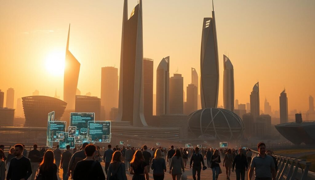 A futuristic cityscape with towering skyscrapers and sleek, angular architecture, bathed in a warm, golden glow from the setting sun. In the foreground, a cluster of holographic displays flicker with data and information, creating a sense of constant connectivity and technological advancement. In the middle ground, a diverse array of people move through the city, their faces illuminated by the digital screens, symbolizing the pervasive nature of information technology in modern life. The background is a hazy, dreamlike landscape, suggesting the blurred lines between reality and the digital realm. The overall atmosphere conveys the power and ubiquity of information technology, both in its positive and potentially disruptive aspects.