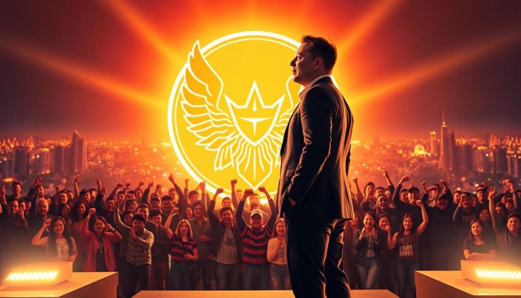 A grand and majestic scene of the formation of the "Partai Amerika" party, led by the visionary entrepreneur Elon Musk. In the foreground, Musk stands tall and resolute, his gaze fixed on the future as he outlines his vision for a new political force in Indonesia. Behind him, the party's symbol - a bold, dynamic emblem - takes shape, glowing with an aura of power and purpose. In the middle ground, a throng of dedicated supporters cheers and raises their fists in solidarity, their faces alight with excitement and hope. In the distant background, the skyline of a bustling Indonesian city serves as a backdrop, hinting at the broader sociopolitical landscape that this new party aims to transform. The scene is illuminated by a warm, golden light, evoking a sense of determination, innovation, and the promise of a brighter tomorrow.