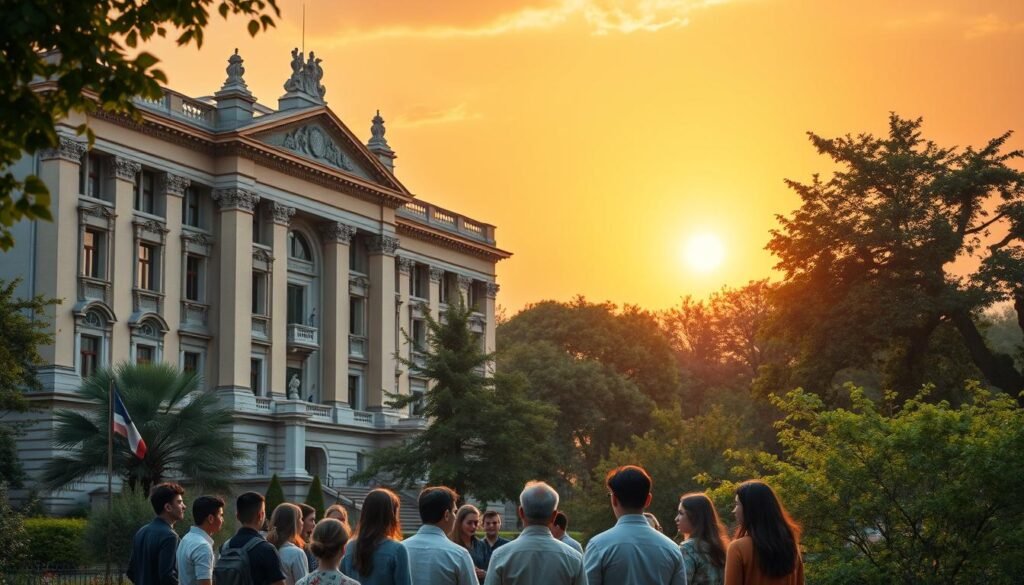 A grand and stately educational institution stands tall, its facade adorned with intricate architectural details. In the foreground, a group of earnest students gather, engaged in lively discussion and debate. The midground is filled with verdant trees and lush greenery, casting a warm, natural glow over the scene. In the background, the sky is alight with a vibrant, golden sunset, evoking a sense of optimism and progress. Soft, directional lighting illuminates the scene, highlighting the dedication and intellectual vigor of the Golkar political education program. The overall composition conveys a sense of tradition, knowledge, and the nurturing of future leaders.