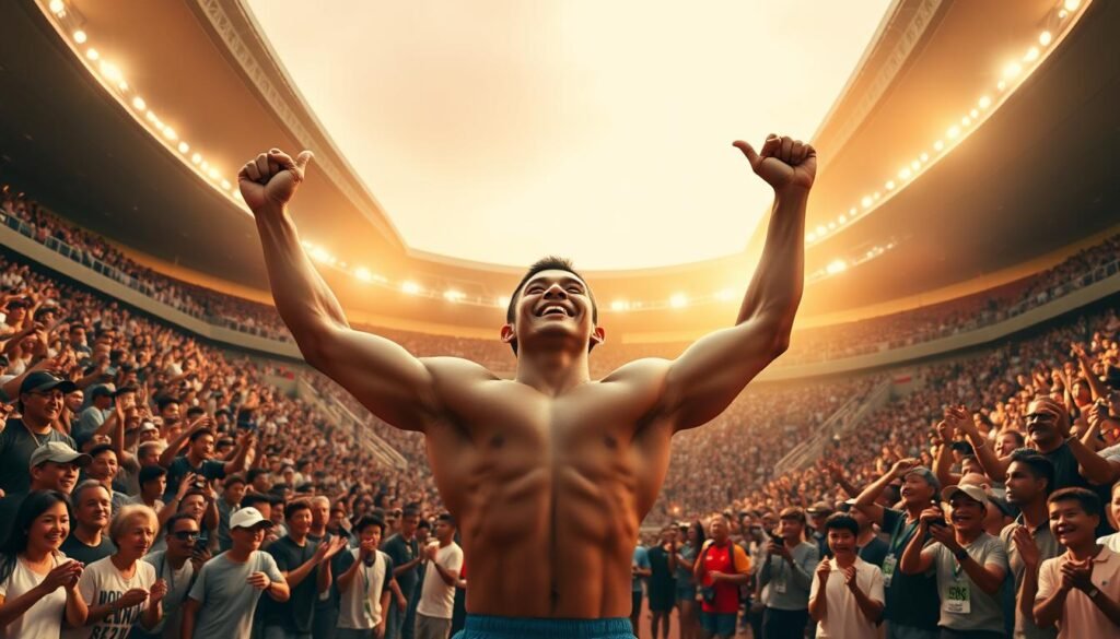 A grand athletic stadium bathed in warm, golden sunlight. At the center, a triumphant athlete raises their arms in celebration, their muscular physique and determined expression capturing the essence of hard-earned triumph. Surrounding them, a crowd of adoring fans erupt in thunderous applause, their faces alight with pride and exhilaration. In the background, the arena's sleek, modern architecture provides a striking contrast, hinting at the prestigious nature of this event. The atmosphere is one of unbridled joy, a tangible sense of accomplishment and the realization of dreams long-held. This is the moment of athletic glory, the pinnacle of dedication and the embodiment of Indonesia's sporting prowess.