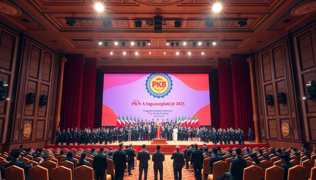 A grand, ornate hall with a stage at the center, surrounded by rows of elegant chairs. The stage is adorned with a large backdrop featuring the insignia and colors of the PKB political party. Spotlights illuminate the stage, casting a warm, celebratory glow across the scene. In the foreground, a group of individuals in formal attire stand before the stage, their expressions filled with pride and anticipation as they are sworn in as members of the LKN, the party's cadre training institution. The atmosphere is one of solemn ceremony and momentous occasion, befitting the milestone of the party's 27th anniversary.