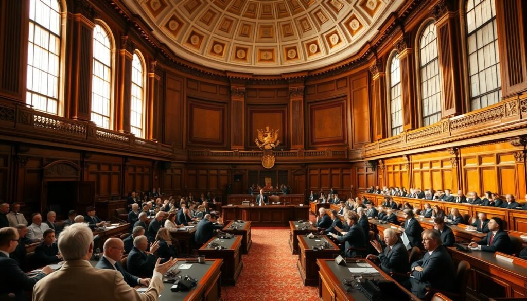 A grand parliamentary chamber, illuminated by warm, natural light filtering through tall windows. In the foreground, lawmakers engage in animated discussion, gesturing passionately as they debate the issues at hand. The middle ground features rows of polished desks and microphones, conveying the formal, institutional setting of the legislative process. In the background, a towering domed ceiling arches overhead, lending a sense of grandeur and gravity to the proceedings. The atmosphere is one of serious deliberation, as the elected representatives work to shape the laws that will govern the nation.