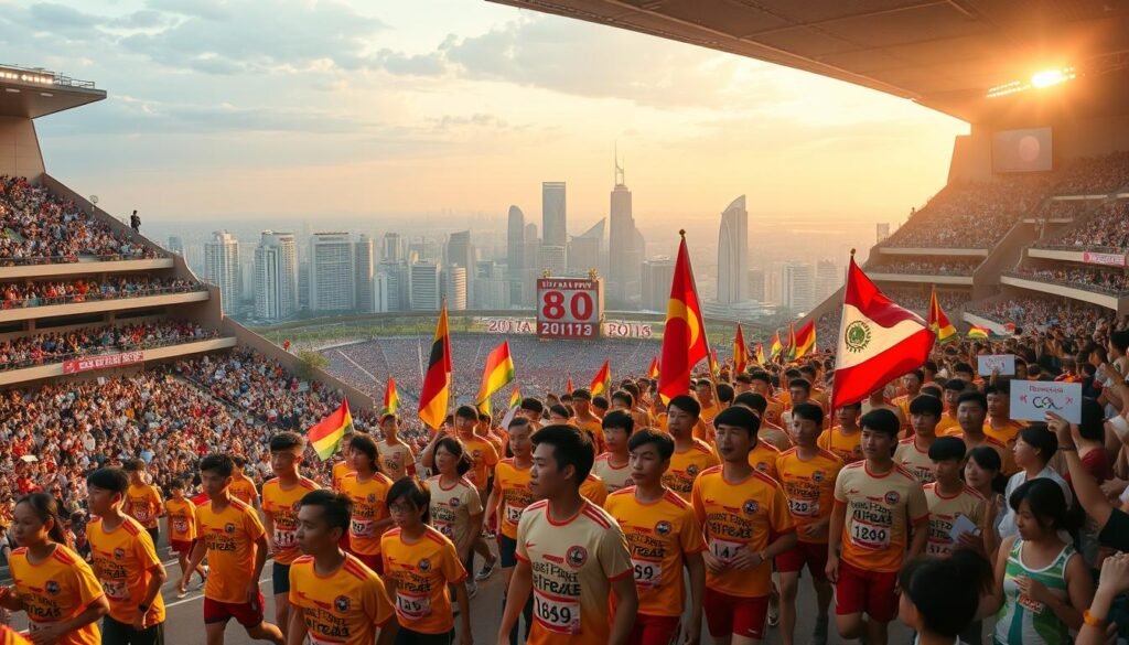A grand stadium filled with a vibrant celebration, the 80th anniversary of the national sports event. In the foreground, athletes in vibrant uniforms parading with flags and banners, their expressions radiating pride and determination. In the middle ground, spectators in the stadium seats, their faces alight with enthusiasm as they cheer and wave. The background is a panoramic view of the city skyline, framed by a warm, golden-hour glow that bathes the entire scene in a celebratory atmosphere. Dramatic lighting casts dramatic shadows, emphasizing the dynamic motion of the parade. The overall composition conveys a sense of national unity, community, and the enduring spirit of sportsmanship.