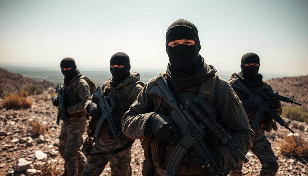 A group of militant fighters from Lebanon, adorned in tactical gear and armed with assault rifles, stand vigilantly in a rugged, sun-dappled landscape. The foreground features the militants, their faces obscured by balaclavas, conveying an aura of intensity and unwavering resolve. In the middle ground, the rocky terrain and sparse vegetation evoke a sense of the Middle Eastern setting. The background showcases a distant, hazy skyline, hinting at the regional tensions and conflicts that have shaped this environment. The lighting is harsh and dramatic, casting deep shadows and highlighting the militants' determined expressions. The overall mood is one of grim determination, reflecting the regional dynamics and the unwavering stance of this militant group.