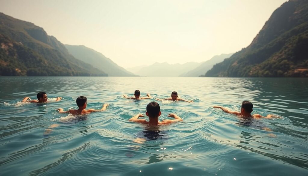 A group of people enjoying a refreshing swim in a peaceful lake, surrounded by lush greenery and a picturesque mountain backdrop. The crystal-clear water reflects the sunlight, creating a serene and calming atmosphere. The swimmers move gracefully through the water, their bodies in perfect harmony with the gentle waves. The scene evokes a sense of rejuvenation and well-being, perfectly capturing the essence of "renang untuk kesehatan" or swimming for health. The composition is balanced, with the swimmers in the foreground, the middle ground featuring the lake and mountains, and the background filled with a warm, golden-hued sky. The overall image conveys the tranquility and physical benefits of this enjoyable form of exercise.