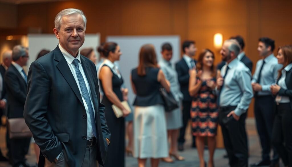 A group of professionals dressed in formal attire, gathered for an official event. In the foreground, a middle-aged man stands confidently, his tailored suit and polished shoes conveying a sense of authority. In the middle ground, several women in elegant dresses and men in crisp shirts and ties engage in animated conversation, their body language suggesting an air of professionalism. The background is blurred, highlighting the subjects and creating a sense of depth. Warm, diffused lighting bathes the scene, casting a subtle glow and creating a sophisticated, business-like atmosphere.