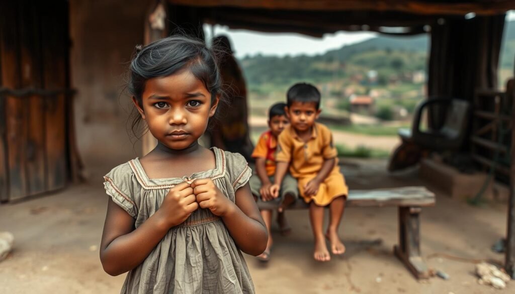 A group of underprivileged children from a modest family, their faces etched with resilience and hope. In the foreground, a young girl in a worn but tidy dress stands with a determined gaze, her small hands clasped tightly. Behind her, a boy and his younger sibling sit on a weathered wooden bench, their clothes slightly threadbare but clean. The middle ground captures the simple yet welcoming setting of a modest home, with a small garden and a sense of community. In the background, a blurred landscape of rolling hills and a distant village, conveying the rural setting. The scene is bathed in warm, diffused light, creating an atmosphere of quiet dignity and perseverance.