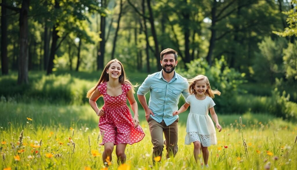 A happy, healthy family of four enjoying an active, outdoor lifestyle in a natural setting. In the foreground, a mother and father are engaged in a playful game with their young son and daughter, their laughter and joy radiating. The middle ground features a lush, verdant meadow dotted with vibrant wildflowers, while the background showcases a serene, sun-dappled forest, the dappled light creating a warm, inviting atmosphere. The lighting is soft and diffused, accentuating the family's carefree movements and the overall sense of wellbeing. Captured with a wide-angle lens to emphasize the expansive, idyllic scene, this image conveys the beauty and simplicity of a healthy, active lifestyle in harmony with nature.