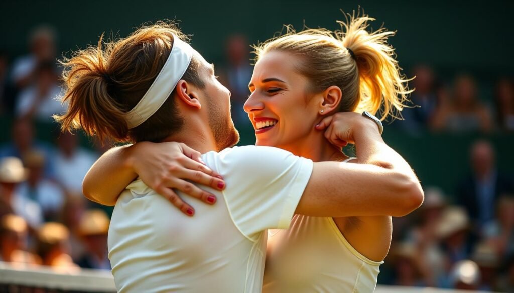 A heartfelt, close-up scene of two professional tennis players embracing passionately on a lush, verdant Wimbledon court after a thrilling mixed doubles match. Their faces are filled with joy, relief, and a touch of exhaustion, bathed in warm, natural lighting that casts a soft, golden glow. Their celebratory poses are dynamic, conveying the emotional intensity of the moment, while the blurred, out-of-focus background hints at the grand scale of the historic tournament setting.