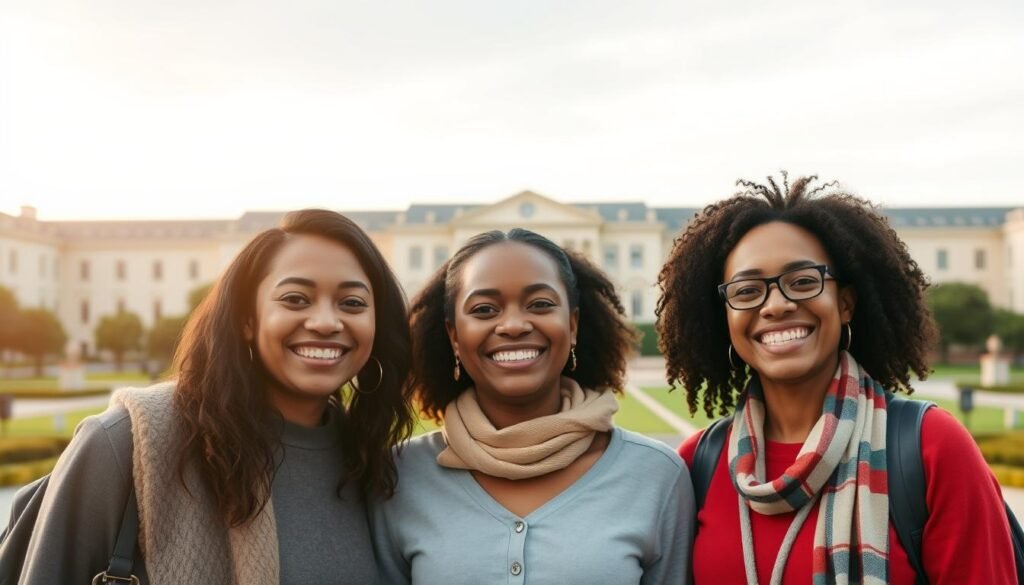 A heartwarming scene of successful scholarship recipients, their faces beaming with pride and gratitude. In the foreground, three diverse individuals stand shoulder-to-shoulder, their expressions radiating joy and accomplishment. The middle ground features a serene university campus, its manicured grounds and stately buildings serving as a backdrop to their stories of triumph. Soft, warm lighting casts a gentle glow, creating an atmosphere of hope and inspiration. The overall composition conveys the transformative power of education, a testament to the life-changing impact of these prestigious scholarships.