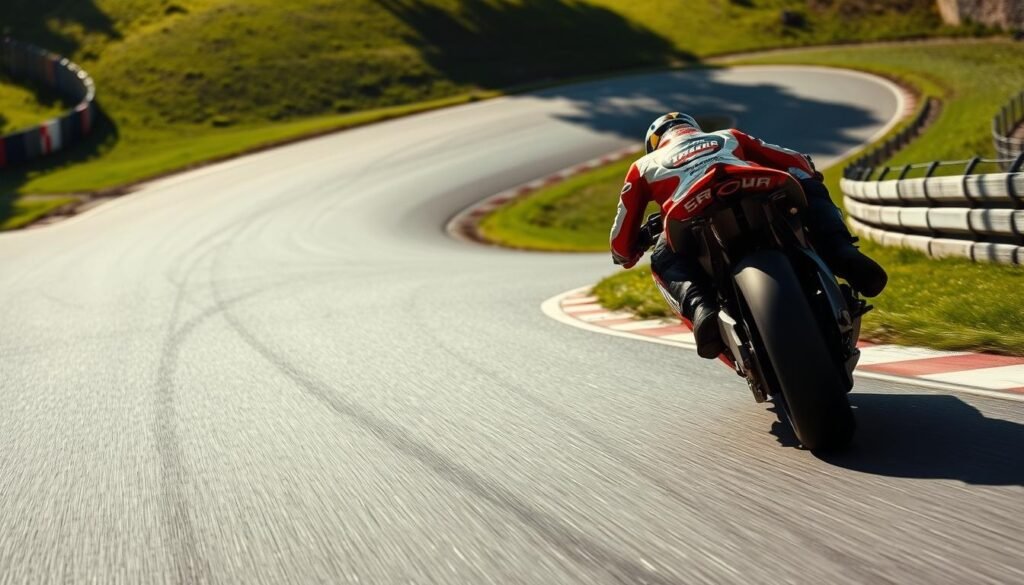 A high-angle shot of Marc Marquez aggressively navigating his motorcycle through the winding turns of the Sachsenring circuit, leaning into the curves with precision and control. The sun casts dramatic shadows, highlighting the dynamic motion of the race. Marquez's red and white Honda RC213V stands out against the lush green hills and gray asphalt, conveying his dominance on this iconic track. The scene exudes a sense of speed, skill, and the thrill of MotoGP competition, perfectly capturing Marquez's mastery of the Sachsenring circuit.
