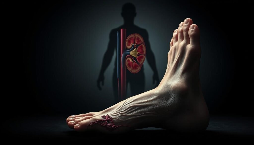 A high-contrast, photorealistic illustration of diabetic complications, set against a somber, muted backdrop. In the foreground, a detailed close-up of a foot exhibiting advanced diabetic neuropathy, with severe nerve damage, ulceration, and circulatory issues. In the middle ground, a cross-section of a kidney, displaying the ravages of diabetic nephropathy. In the background, a hazy, silhouetted figure representing the overall physical toll of uncontrolled diabetes, with a sense of grim determination. Dramatic chiaroscuro lighting casts deep shadows, emphasizing the gravity of the subject matter. Rendered with a keen eye for anatomical accuracy and a restrained, clinical aesthetic.