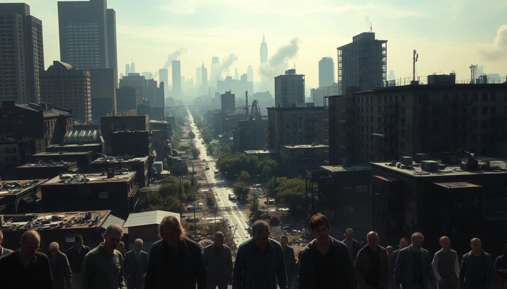 A high-contrast urban cityscape, with towering skyscrapers and dilapidated tenements casting long shadows across the gritty streets below. In the foreground, a group of disheveled, disconnected individuals - the homeless, the unemployed, the disenfranchised - symbolizing the social issues plaguing the community. The middle ground features crumbling infrastructure, overgrown vacant lots, and a general air of neglect, reflecting the systemic failures and lack of opportunity. In the background, a hazy, smog-filled sky, suggesting the environmental and economic factors contributing to the social problems. Dramatic lighting, with pools of light and deep shadows, heightens the sense of despair and isolation. An unsettling, dystopian atmosphere pervades the scene, inviting the viewer to contemplate the complex, interrelated causes of societal challenges.
