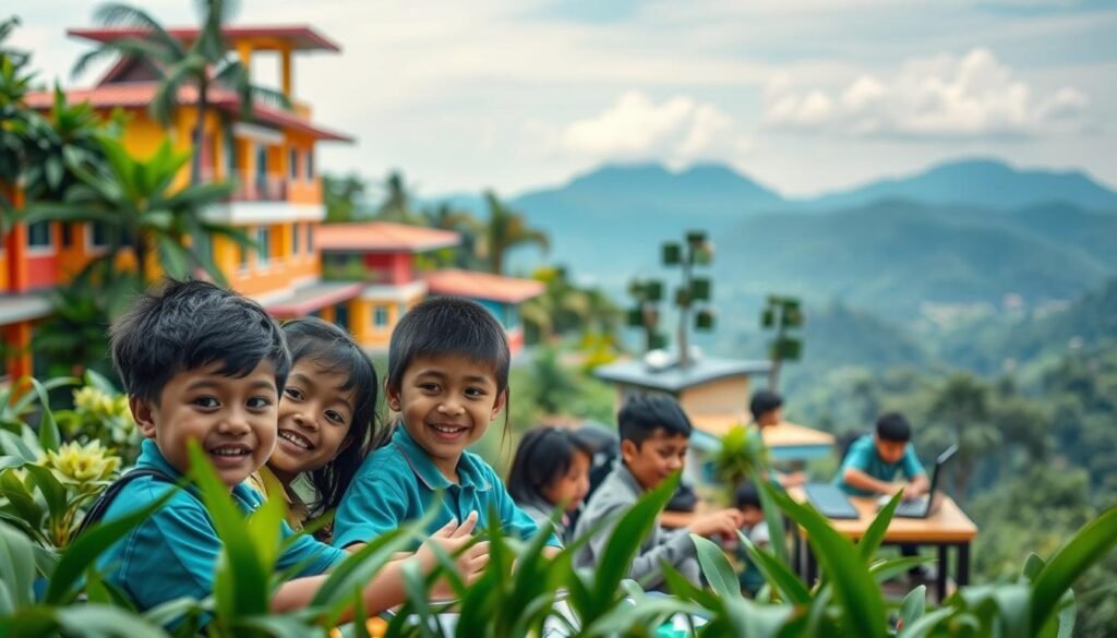 A high-performing elementary school nestled in the heart of Indonesia, surrounded by lush greenery and vibrant architecture. In the foreground, a group of enthusiastic students engage in a hands-on learning activity, their faces alight with curiosity and determination. The middle ground showcases the school's modern, well-equipped facilities, with state-of-the-art technology seamlessly integrated into the classrooms. In the background, the iconic Indonesian landscape unfolds, with distant mountains and a clear, blue sky creating a serene and inspiring backdrop. The lighting is soft and natural, casting a warm glow over the entire scene, reflecting the nurturing and supportive environment that fosters academic excellence and personal growth within this renowned Indonesian elementary school.