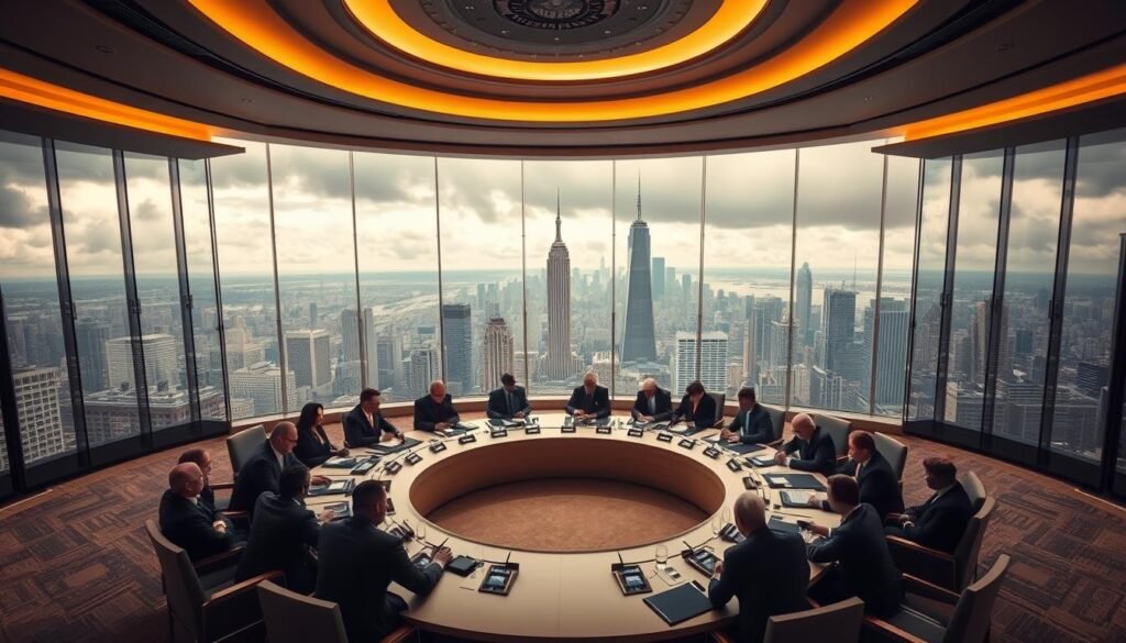 A high-quality aerial view of an important global summit, captured with a wide-angle lens. In the foreground, a large, circular conference table is surrounded by distinguished world leaders engaged in lively discussion. The middle ground features the sleek, modern architecture of the summit venue, with floor-to-ceiling windows offering panoramic views of the cityscape beyond. In the distant background, a skyline of towering skyscrapers silhouetted against a dramatic, cloud-filled sky, suggesting the gravity and scale of the global issues being addressed. The scene is illuminated by a warm, diffused lighting that creates a sense of professionalism and gravitas. Overall, the image conveys the collaborative, high-level nature of the global summit on pressing international concerns.