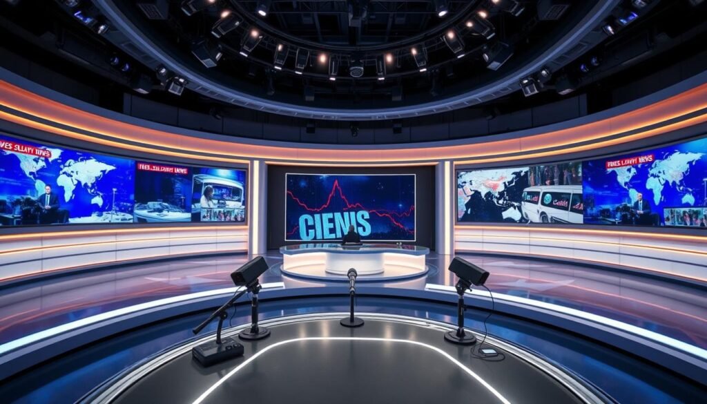 A high-quality, authoritative news broadcast studio with an international focus. The foreground features a sleek, modern news desk with professional-grade microphones and cameras. The middle ground showcases large, curved screens displaying global news headlines and live footage. The background has a minimalist, tech-forward design with subtle lighting accents, giving an air of sophistication and credibility. The overall scene conveys a sense of reliable, cutting-edge journalism dedicated to informing a global audience. Captured with a wide-angle lens to emphasize the grand scale and importance of this trusted news source.
