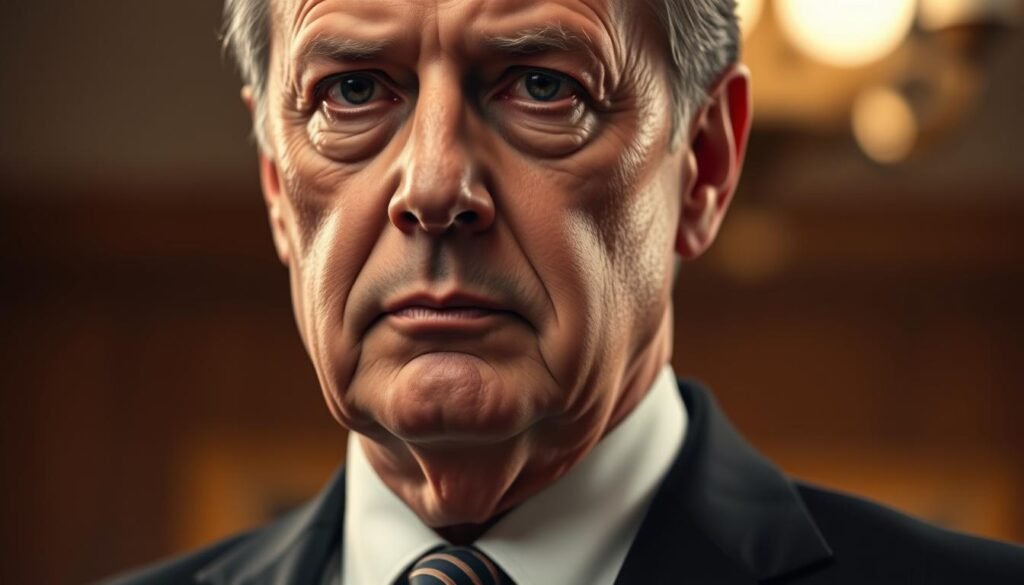 A high-resolution close-up portrait of a middle-aged man with a serious expression, wearing a suit and tie. The lighting is warm and slightly dramatic, casting shadows on his face to emphasize his features. The background is slightly blurred, but suggests an office or government setting, hinting at his position of authority. The man's gaze is direct and unwavering, conveying a sense of gravity and the weight of the legal situation he faces. The overall mood is one of somber professionalism, reflecting the subject's role as a former governor now under investigation for corruption.