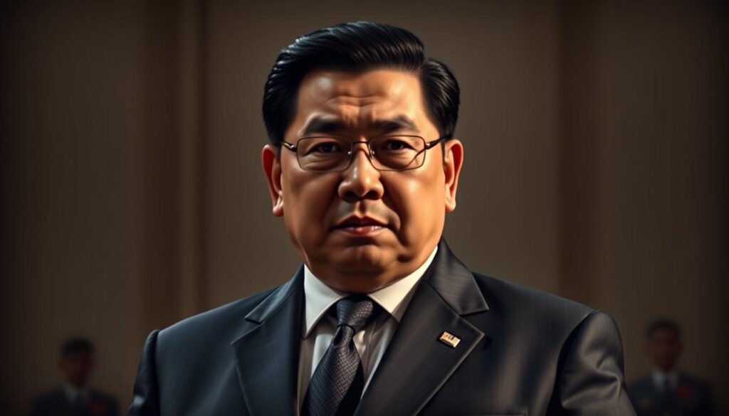 A high-resolution, photorealistic portrait of Prabowo Subianto, the former Indonesian military general and current Minister of Defense, standing in a formal suit and tie, with a serious yet confident expression on his face. The lighting is dramatic, casting strong shadows that accentuate his features. The background is blurred, but suggests a setting of international diplomacy, such as a conference room or grand foyer. The overall mood is one of authority, gravitas, and a sense of Prabowo's active role in global affairs, particularly in the context of the BRICS summit.