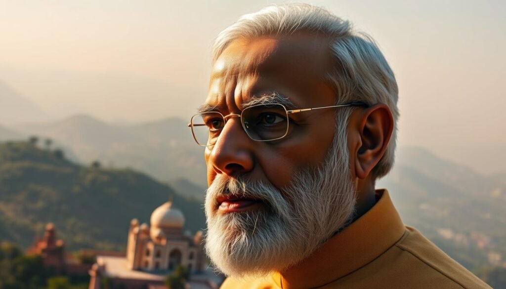 A high-resolution portrait of Narendra Modi, the Prime Minister of India, set against the backdrop of a majestic, sun-dappled landscape. Modi's face is captured in a thoughtful, serene expression, his gaze directed slightly off-camera. The lighting is soft and warm, accentuating the contours of his face and the vibrant colors of his traditional attire. The middle ground features the iconic architecture and monuments of India, such as the Taj Mahal or the Red Fort, subtly hinting at the nation's rich cultural heritage. The background is a sweeping panorama of rolling hills, lush greenery, and a hazy, azure sky, creating a sense of grandeur and tranquility. The overall composition and tone convey a dignified, contemplative mood that reflects India's stature on the global stage.