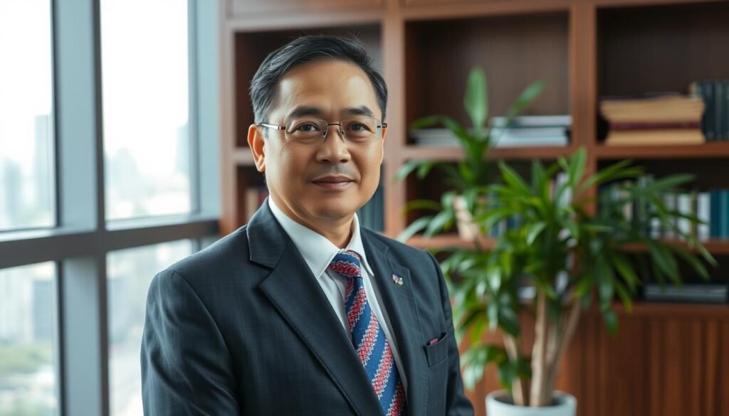 A high-resolution portrait of a Malaysian diplomat standing in a formal office setting, dressed in a tailored suit and tie. The subject's face is clearly visible, with a serious yet approachable expression. The background features a bookshelf, a potted plant, and a large window overlooking a cityscape. The lighting is soft and natural, creating a sense of professionalism and authority. The composition is balanced, with the subject positioned slightly off-center to create visual interest. The overall mood is one of competence, experience, and dedication to public service.