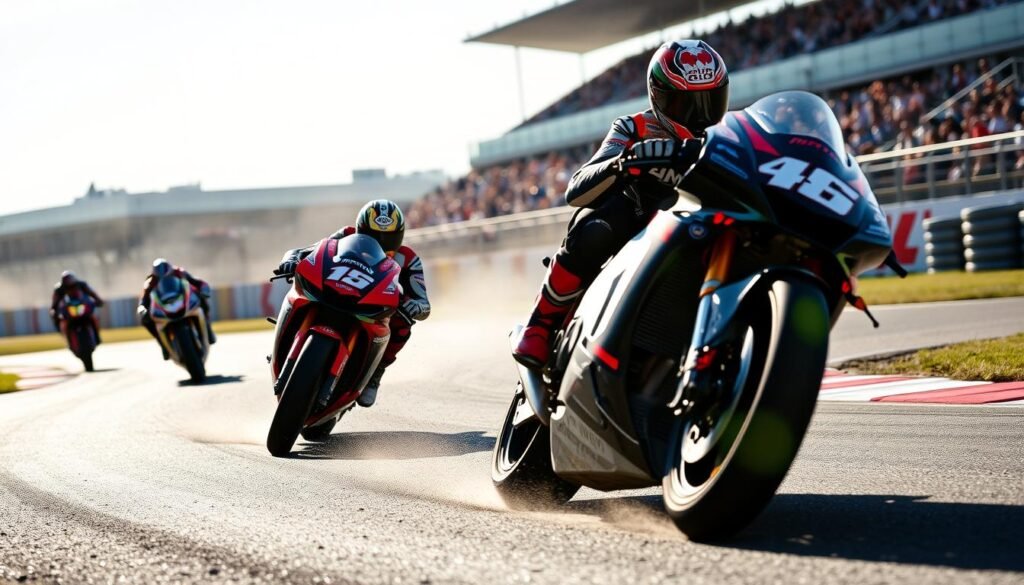 A high-speed action scene at the MotoGP practice session in Sachsenring, Germany. In the foreground, two motorcycles lean into a sharp turn, riders battling for position, their bikes kicking up gravel. Bright sunlight casts dramatic shadows, highlighting the intense concentration on their faces. In the middle ground, other riders navigate the challenging curves, machines leaning precariously. The grandstands in the background are a blur of color as spectators watch the intense practice unfold. The atmosphere is electric, capturing the thrill and tension of elite-level motorcycle racing.